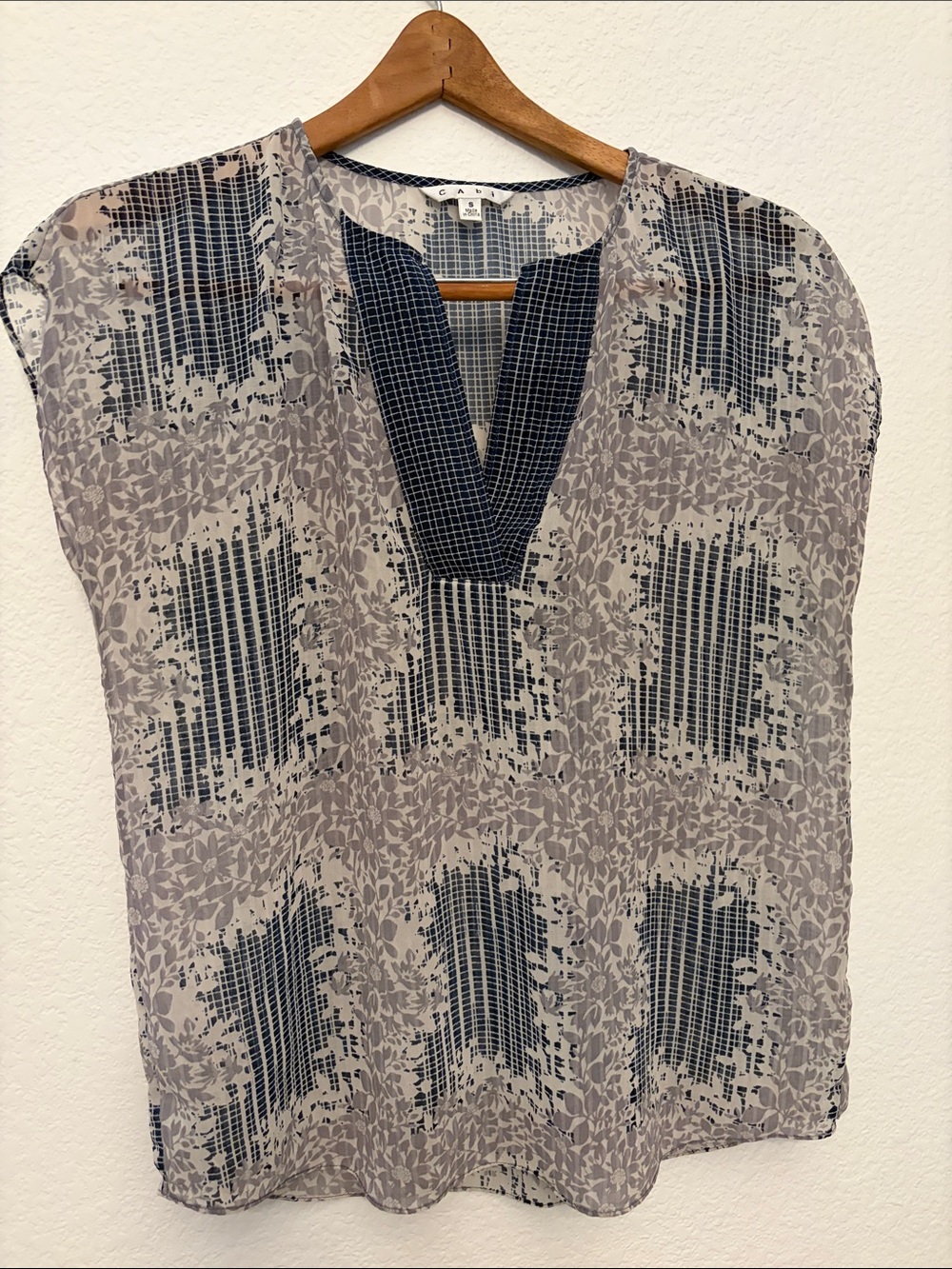 CAbi Lavender and Navy Blouse with Grid Accents